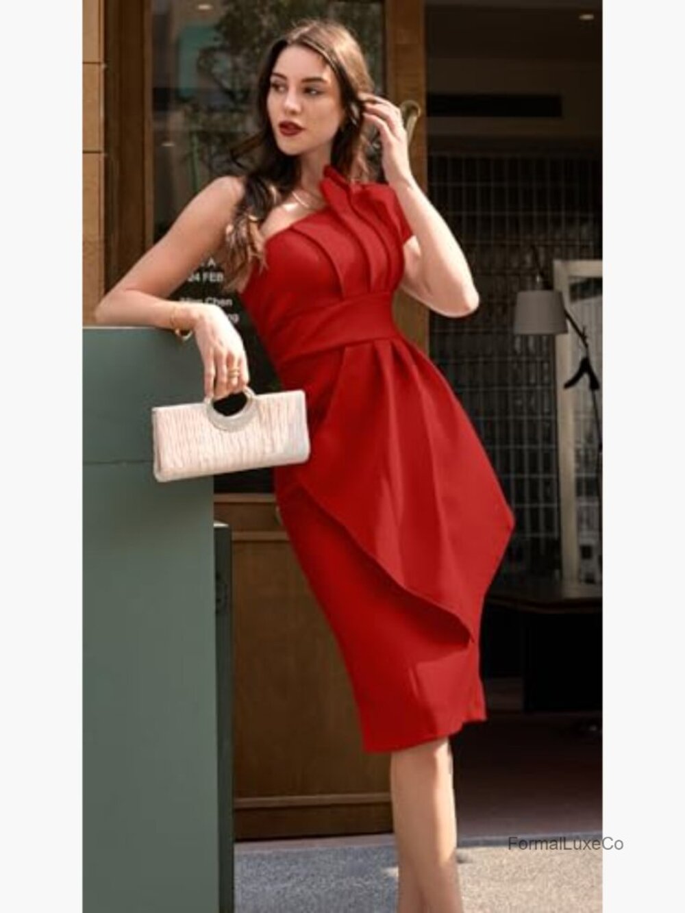 Elegant One Shoulder Pleated Bodycon Midi Dress - Sleeveless Club Night Out - Picture 4 of 4